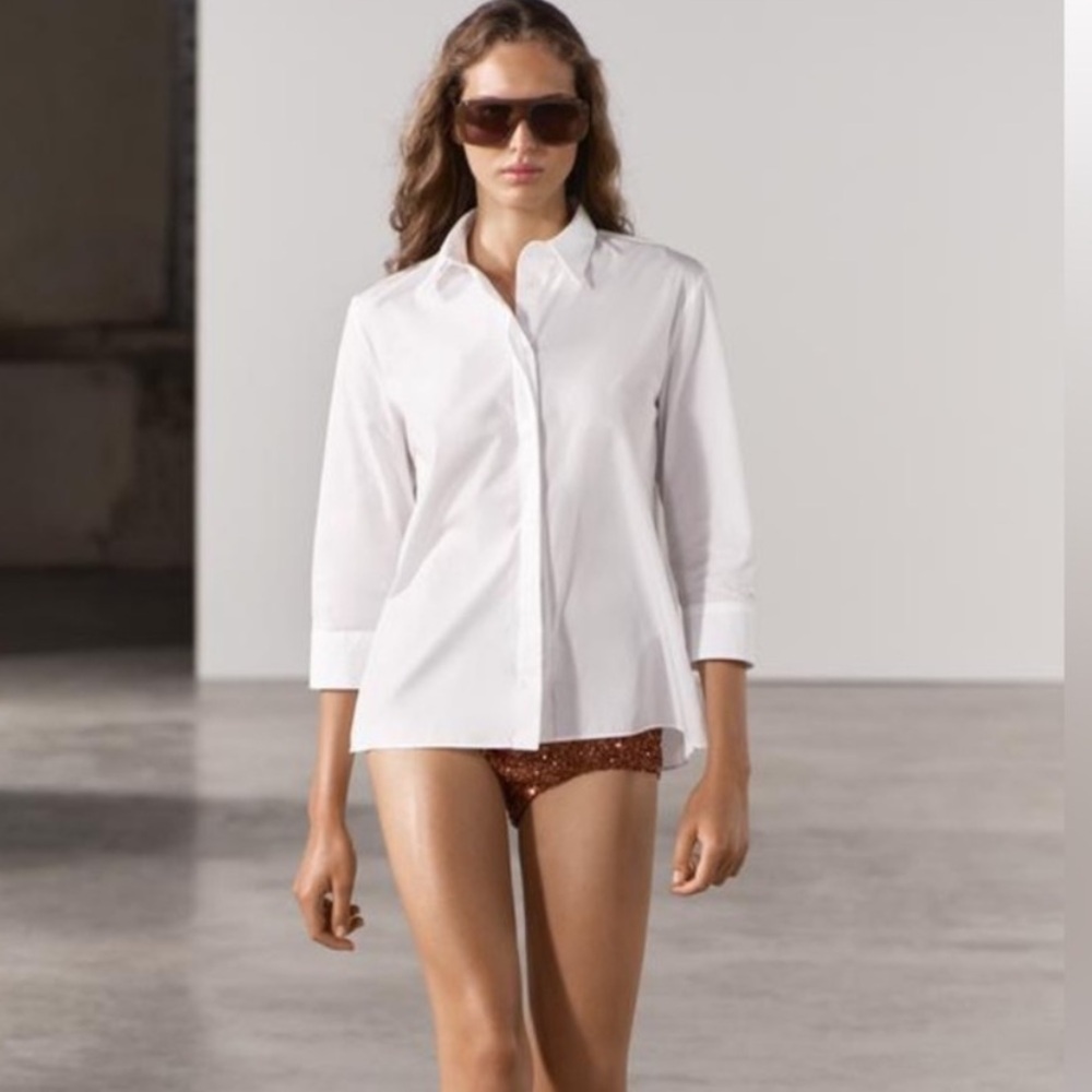 Zara Slim Fit Poplin Cotton Shirt White below-the-elbow sleeves ZW Size XS NWT